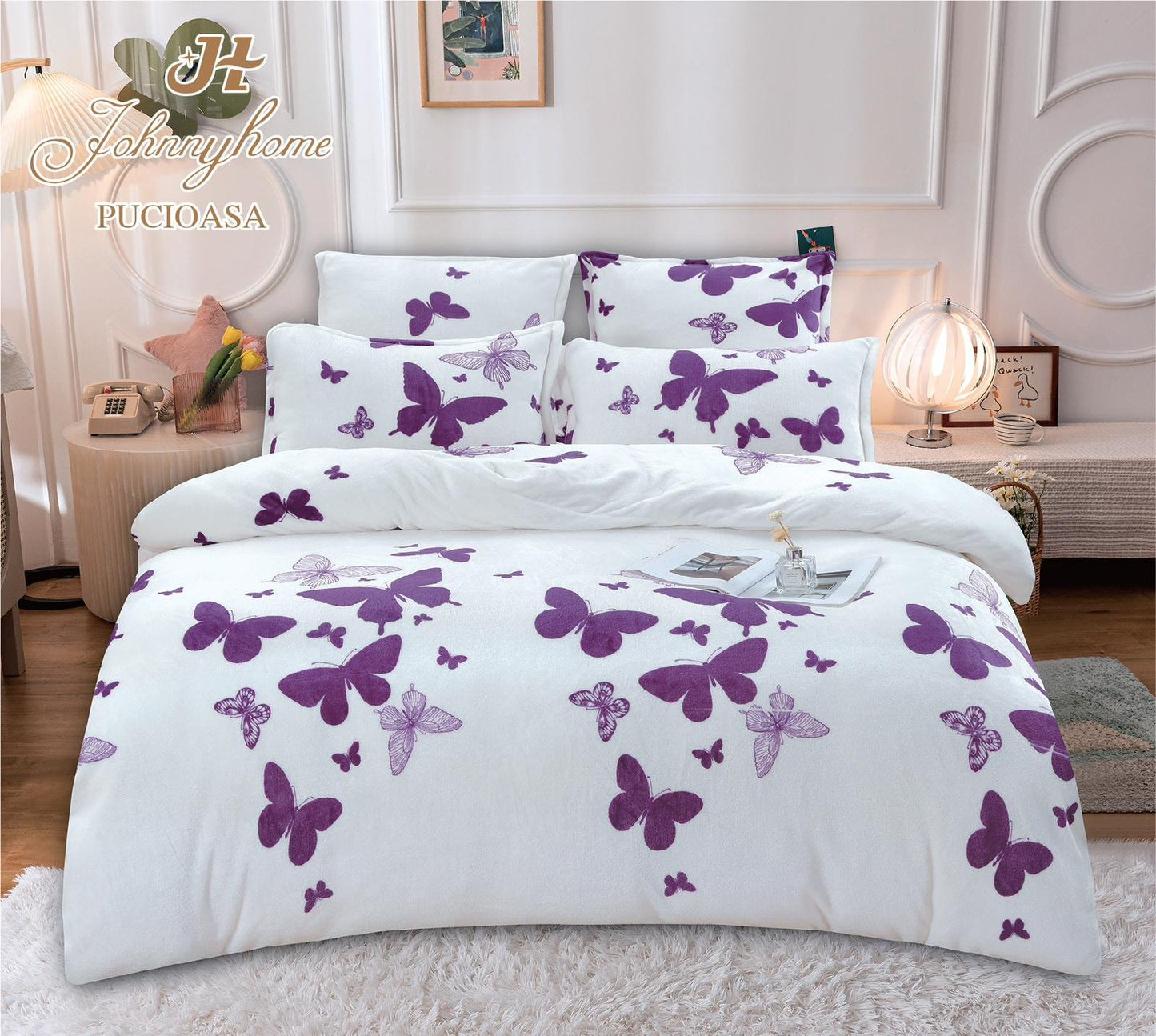 Lenjerie Cocolino Pufoasa, Pat Dublu, cu 6 Piese, Alb/Fluturi-H6679