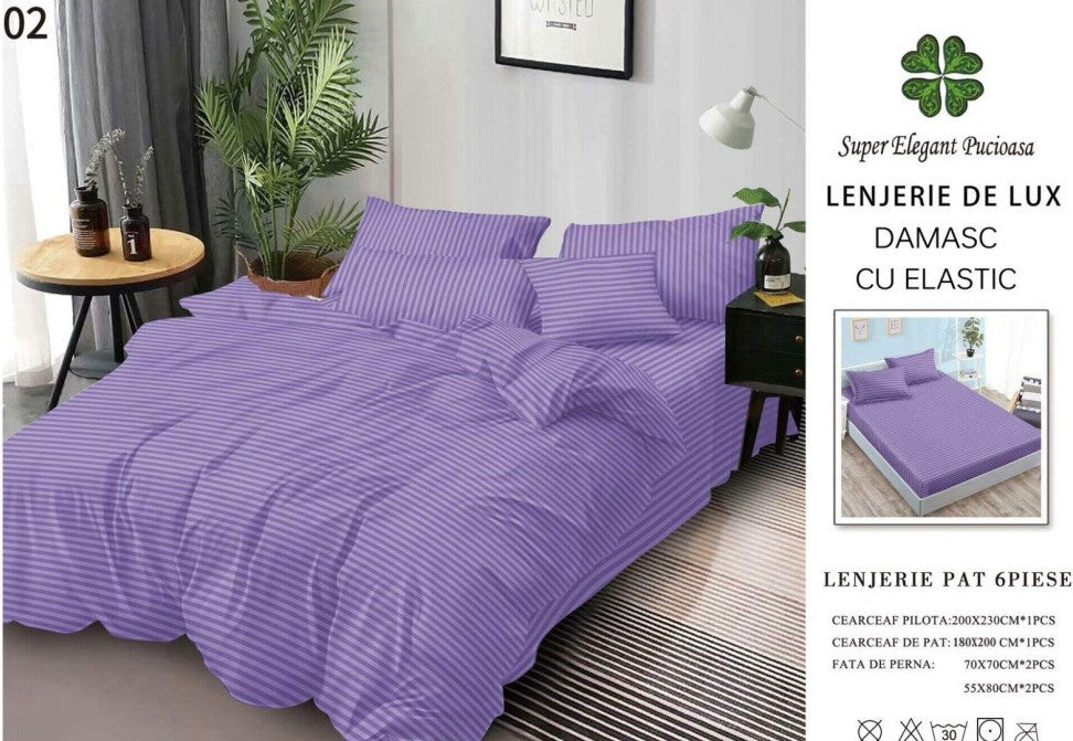 Lenjerie Bumbac Damasc Deluxe, 6 Piese cu Elastic, Mov-SEP10640