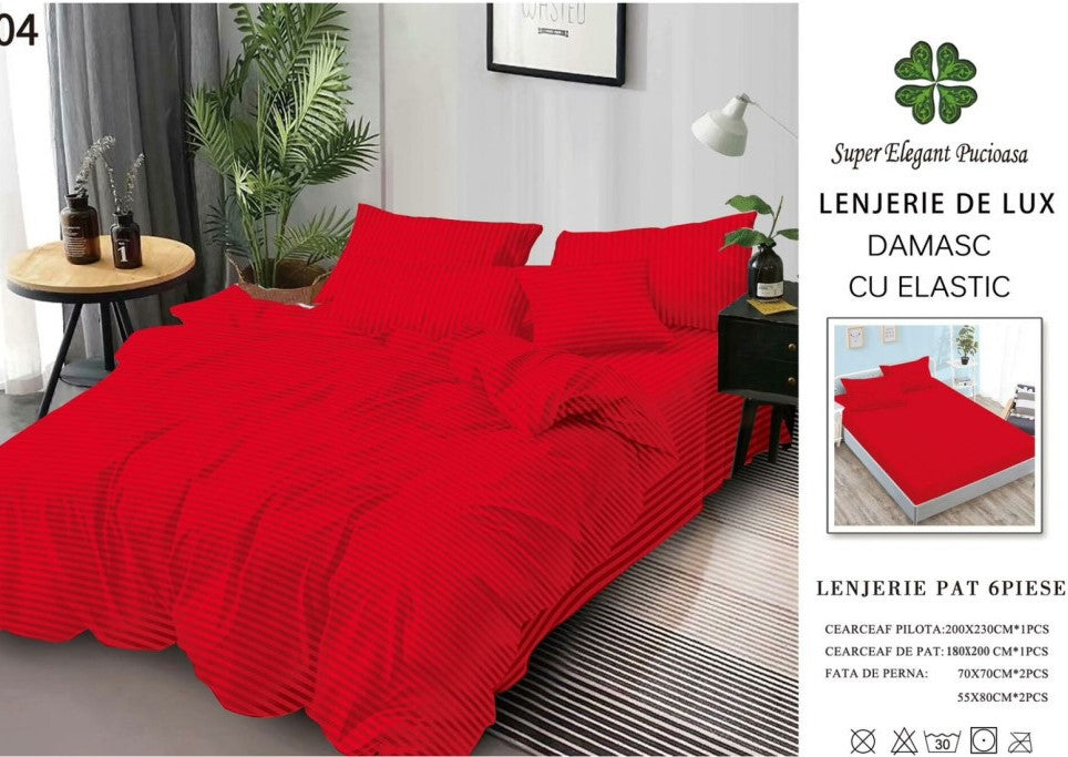 Lenjerie Bumbac Damasc Deluxe, 6 Piese cu Elastic, Rosu-SEP10642