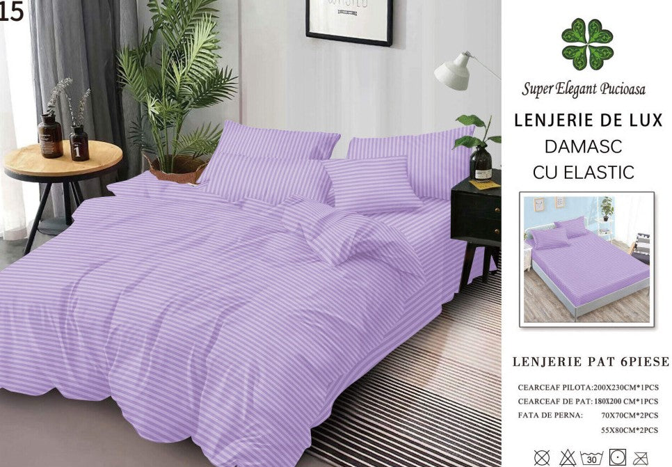 Lenjerie Bumbac Damasc Deluxe, 6 Piese cu Elastic, Lila-SEP10652