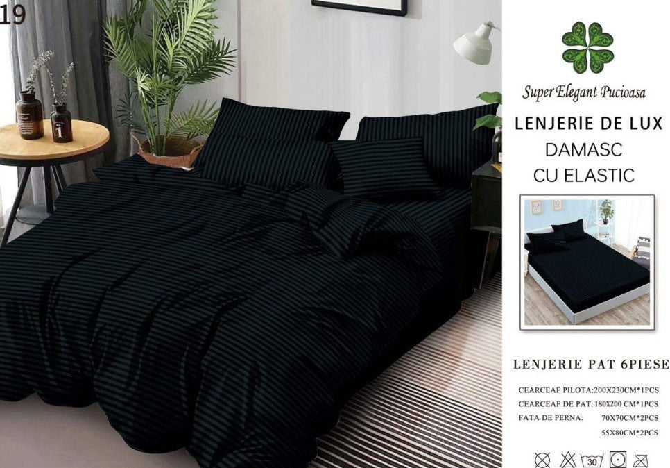 Lenjerie Bumbac Damasc Deluxe, 6 Piese cu Elastic, Negru-SEP10656