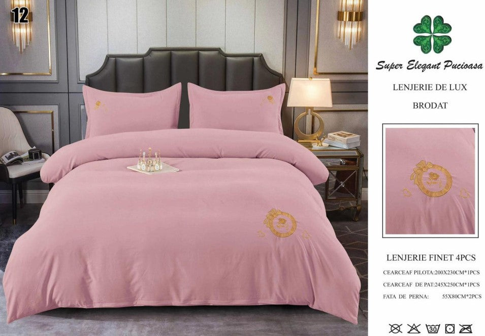 Lenjerie Luxury din Finet Superior, 4 Piese, cu Broderie, Roz Cald-SEP10682