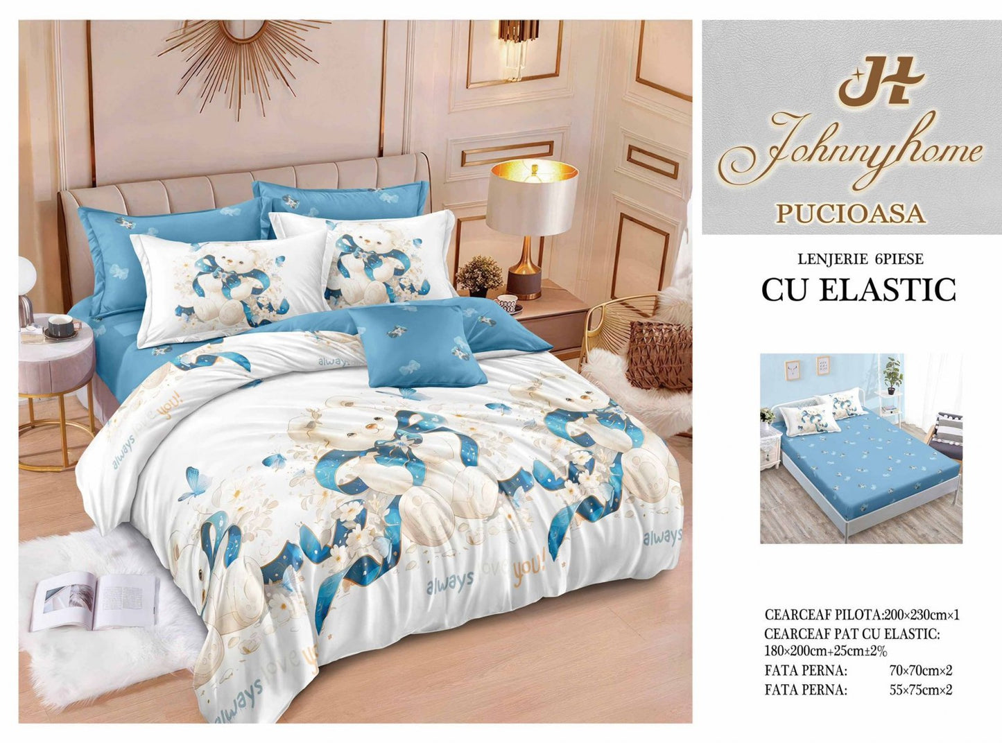 Lenjerie de Pat Finet 6 Piese cu Elastic, Ursuleti-H7630