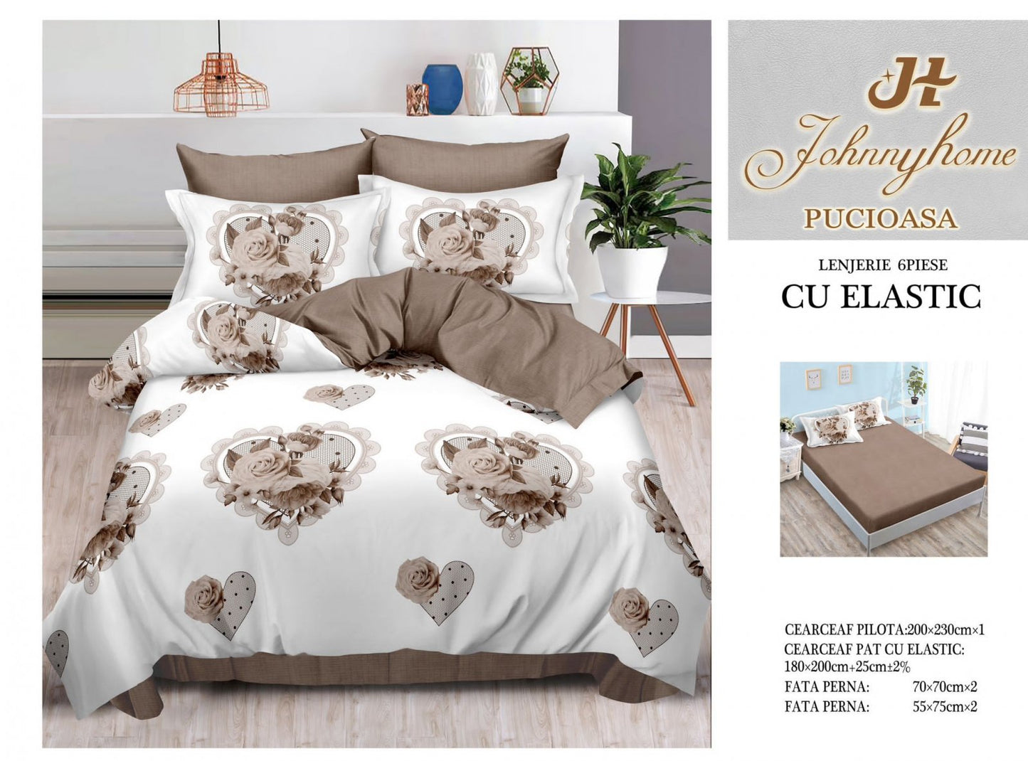 Lenjerie de Pat Finet 6 Piese cu Elastic, Trandafiri/Inimi-H6084