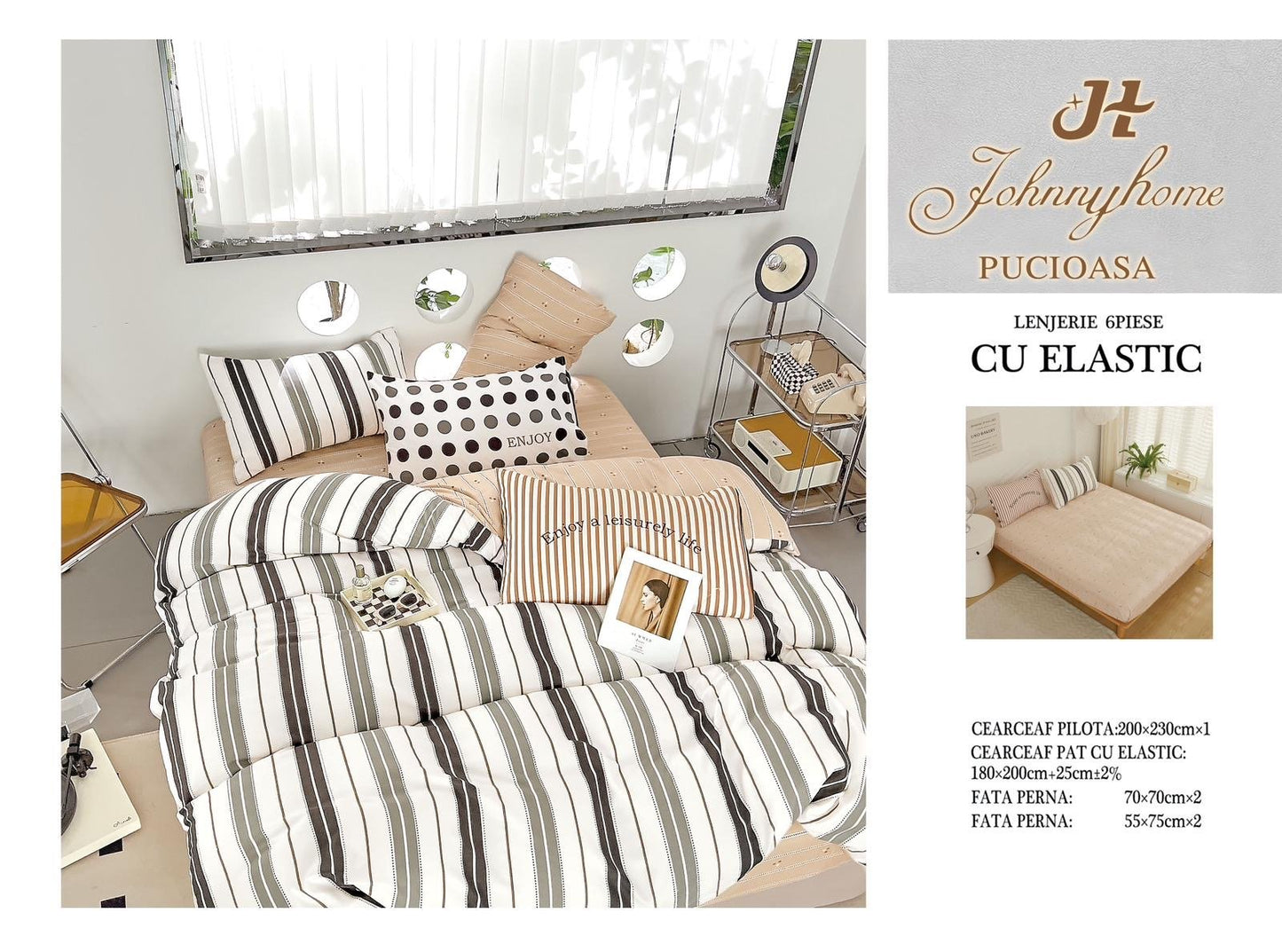 Lenjerie de Pat Finet 6 Piese cu Elastic, Bej/Dungi-H6142