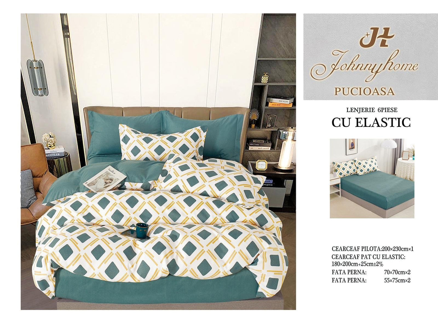 Lenjerie de Pat Finet 6 Piese cu Elastic, Verde/Romburi-H6144