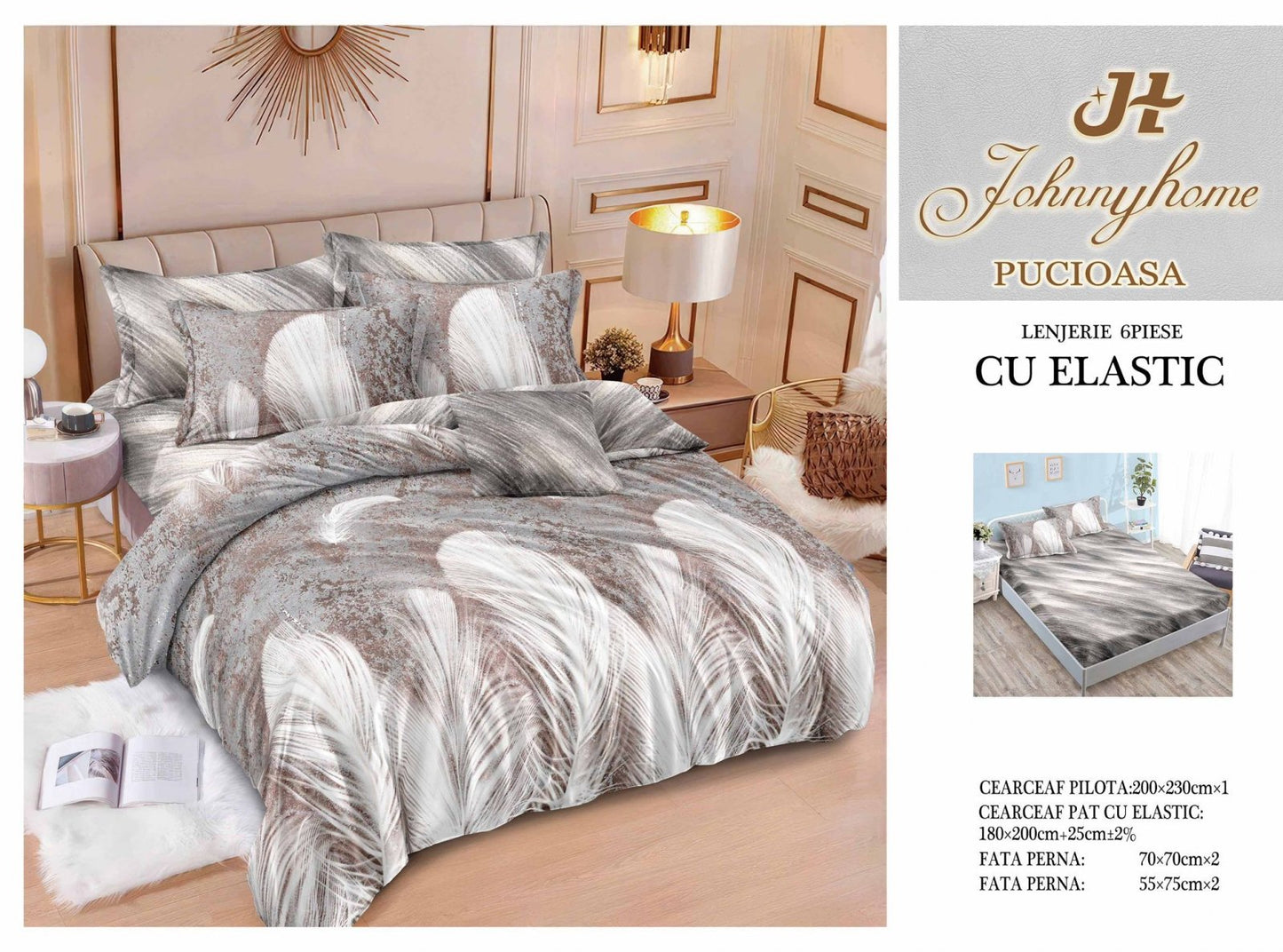 Lenjerie de Pat Finet 6 Piese cu Elastic, Pene-H7631