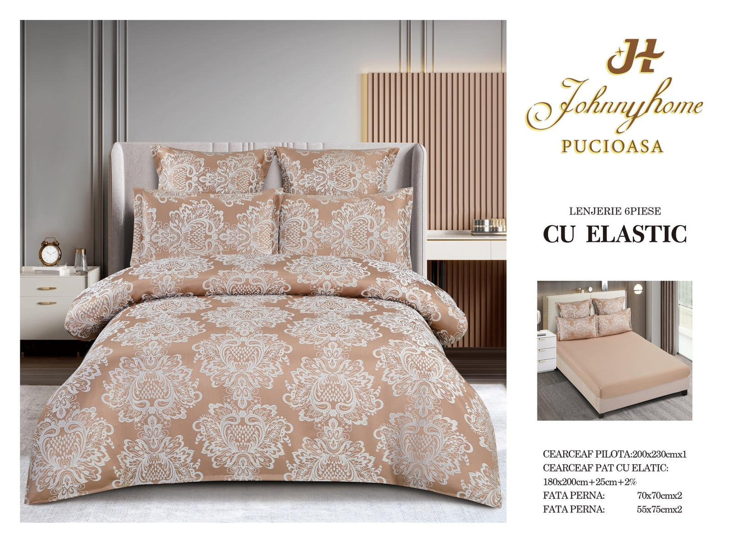 Lenjerie de pat Jacquard Brodat, 6 Piese, cu Elastic, Bej