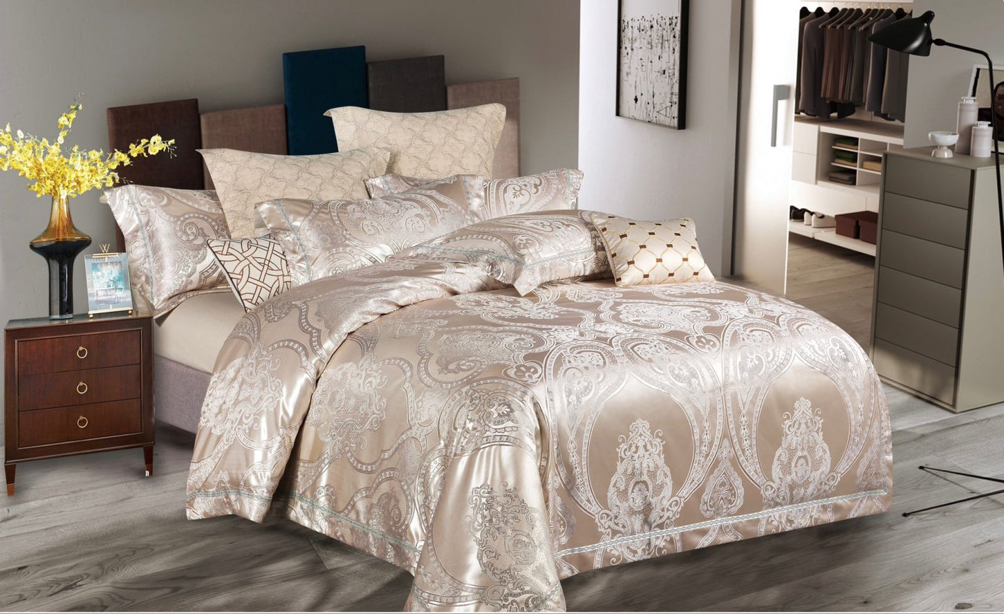 Lenjerie de pat Jacquard Satinat Premium, 6 Piese, Bej/Model Regal-V6442