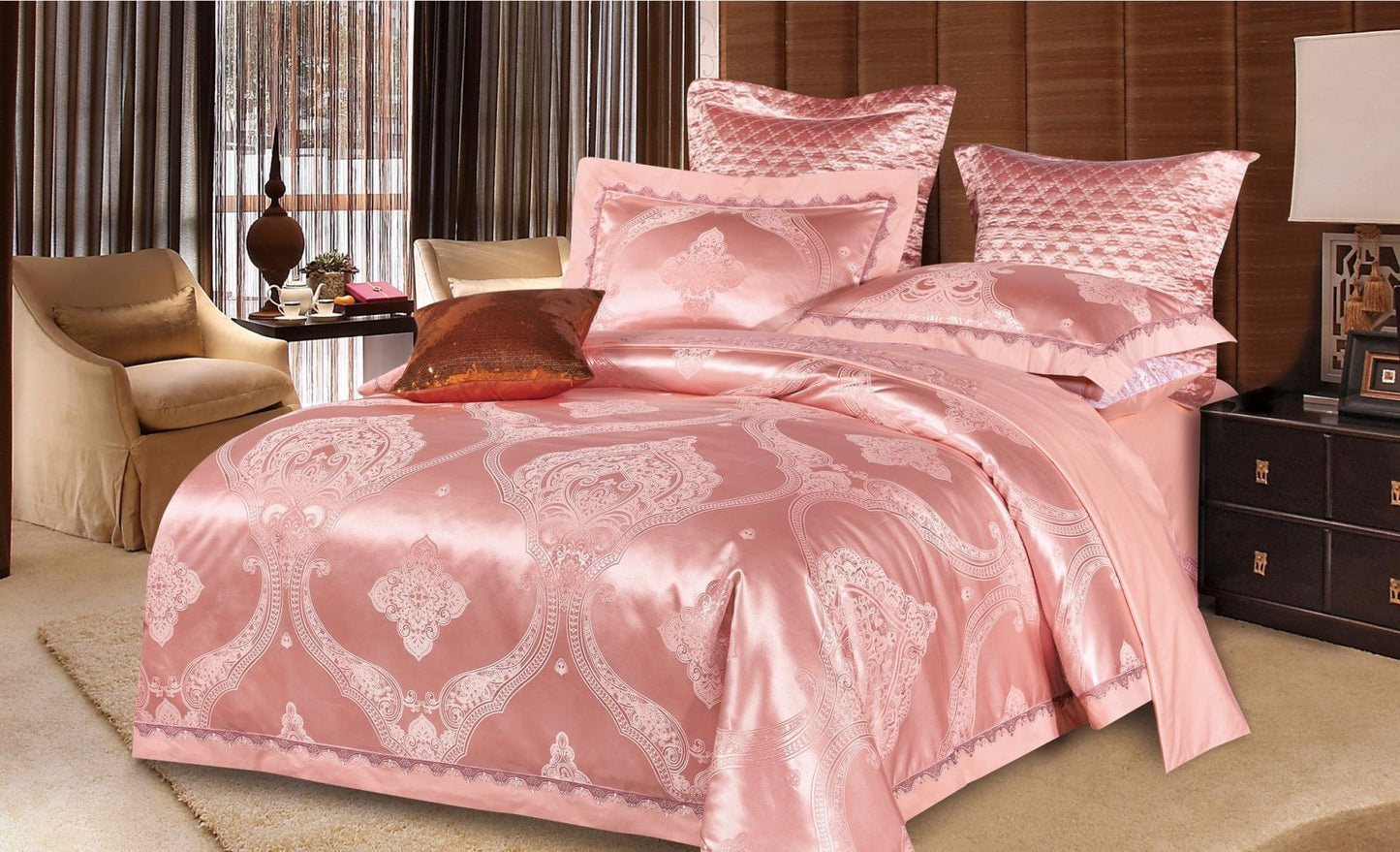 Lenjerie de pat Jacquard Satinat Premium, 6 Piese, Somon/Model Regal-V6445