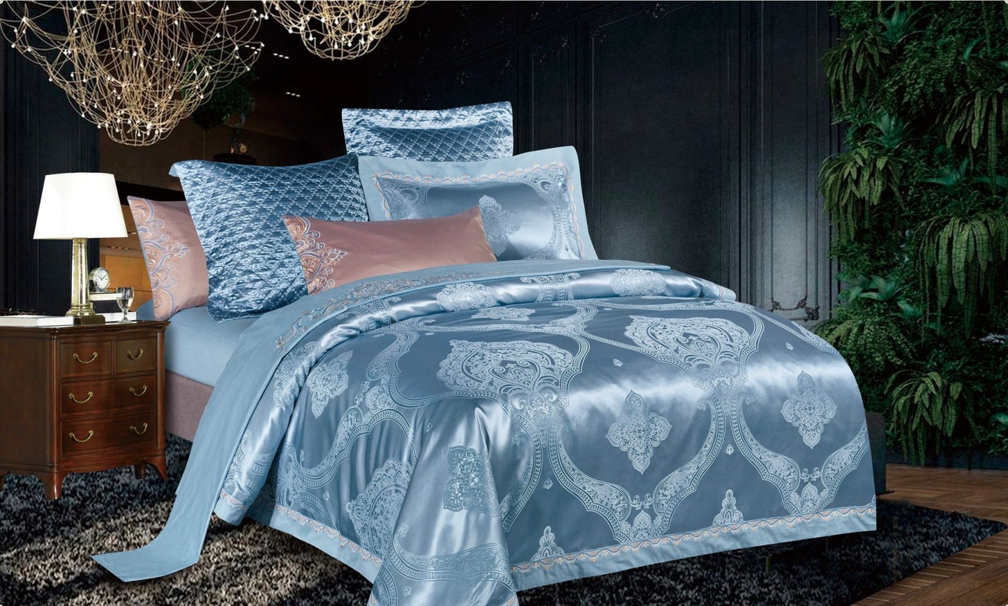 Lenjerie de pat Jacquard Satinat Premium, 6 Piese, Albastru/Model Regal-V6447