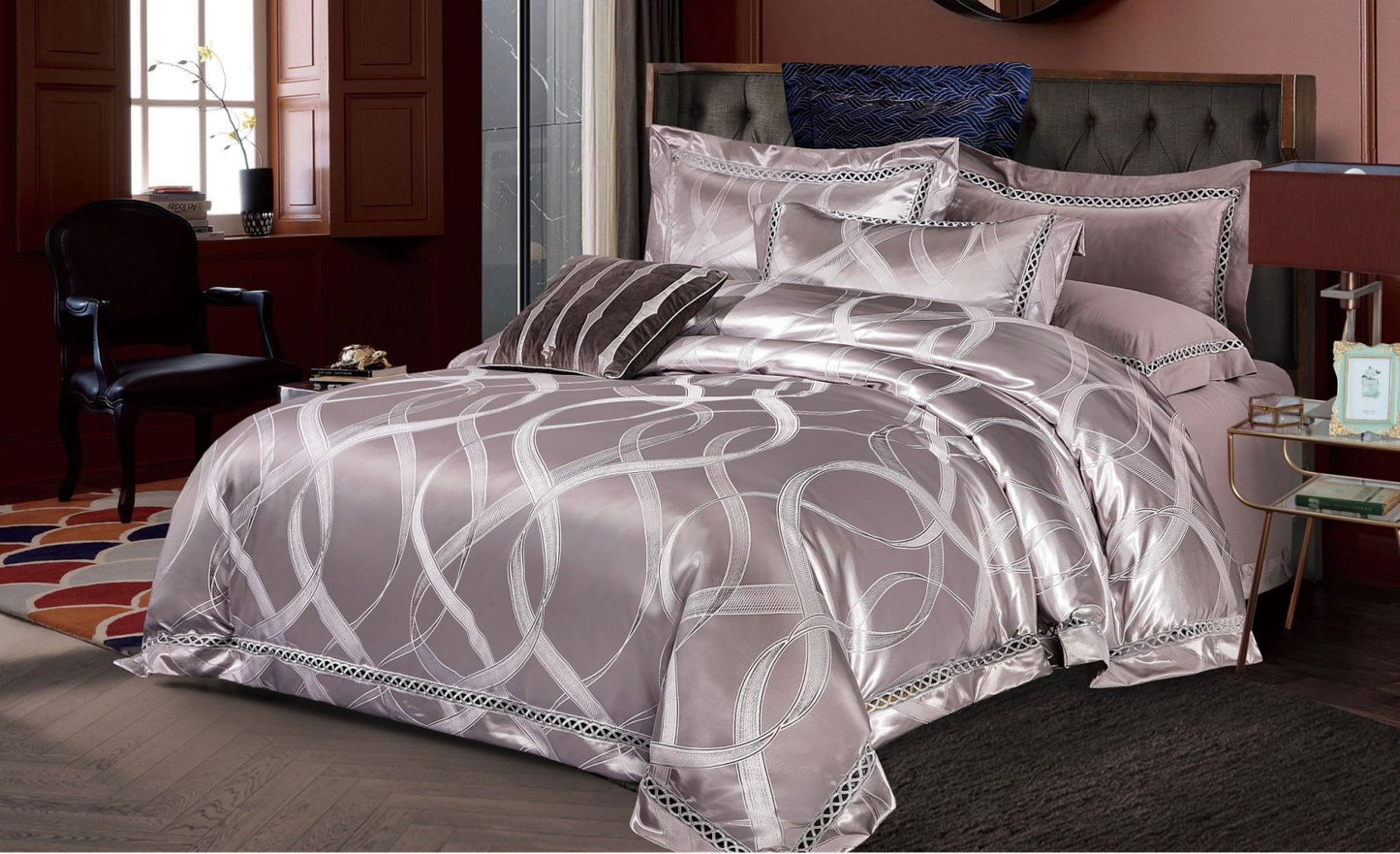 Lenjerie de pat Jacquard Satinat Premium, 6 Piese, Gri Sidef-V6443