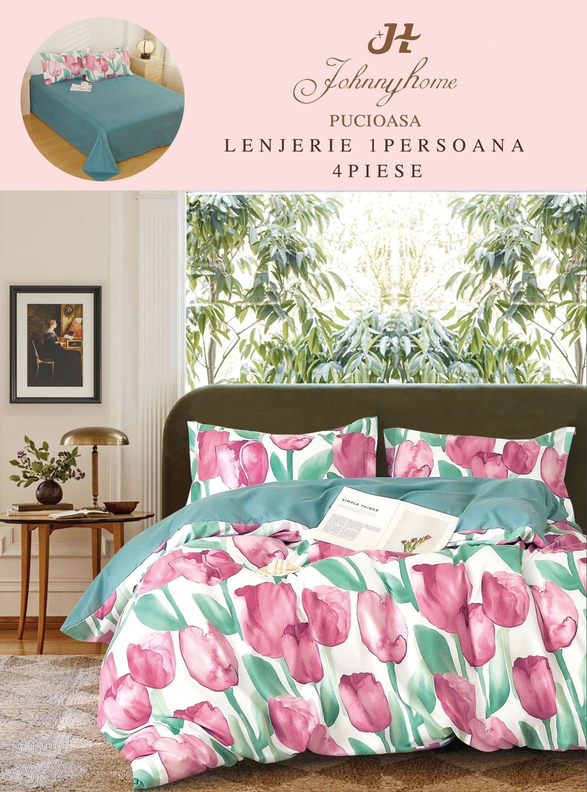 Lenjerie Finet 4 Piese 1 Persoana, Lalele Roz-H7221