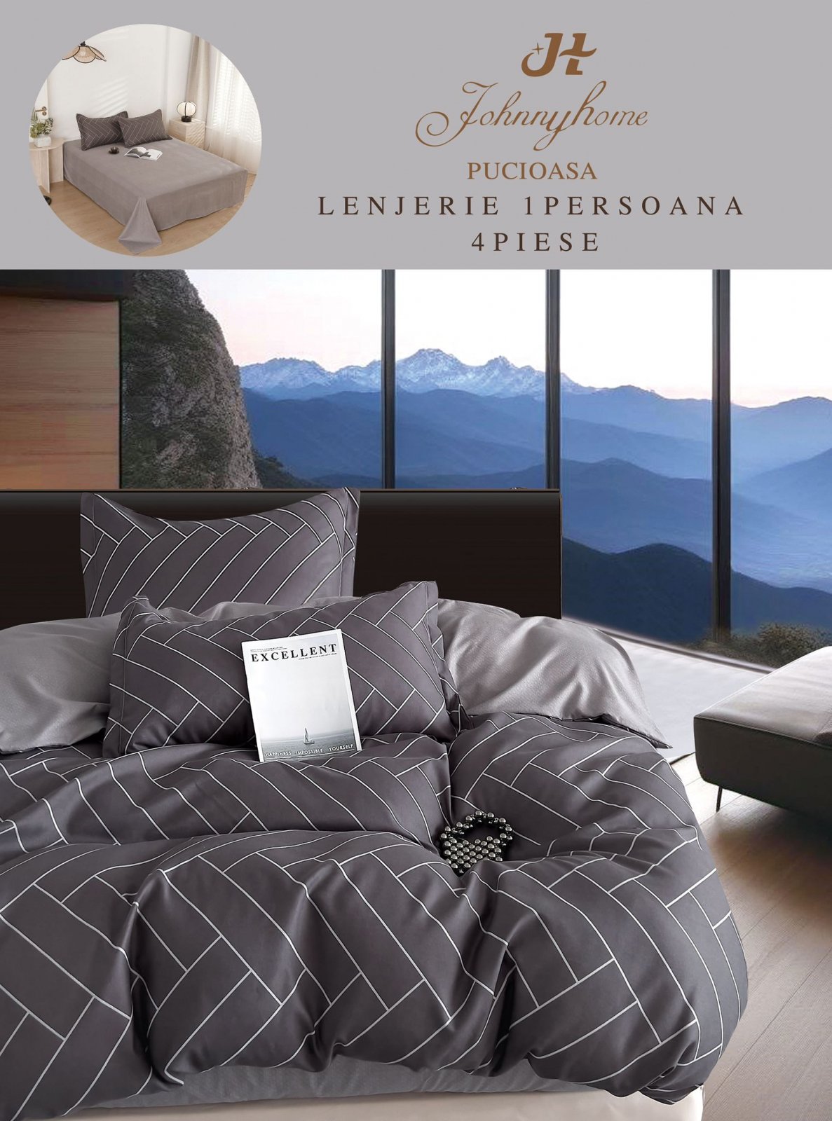 Lenjerie Finet 4 Piese 1 Persoana, Gri/Dungi-H7219