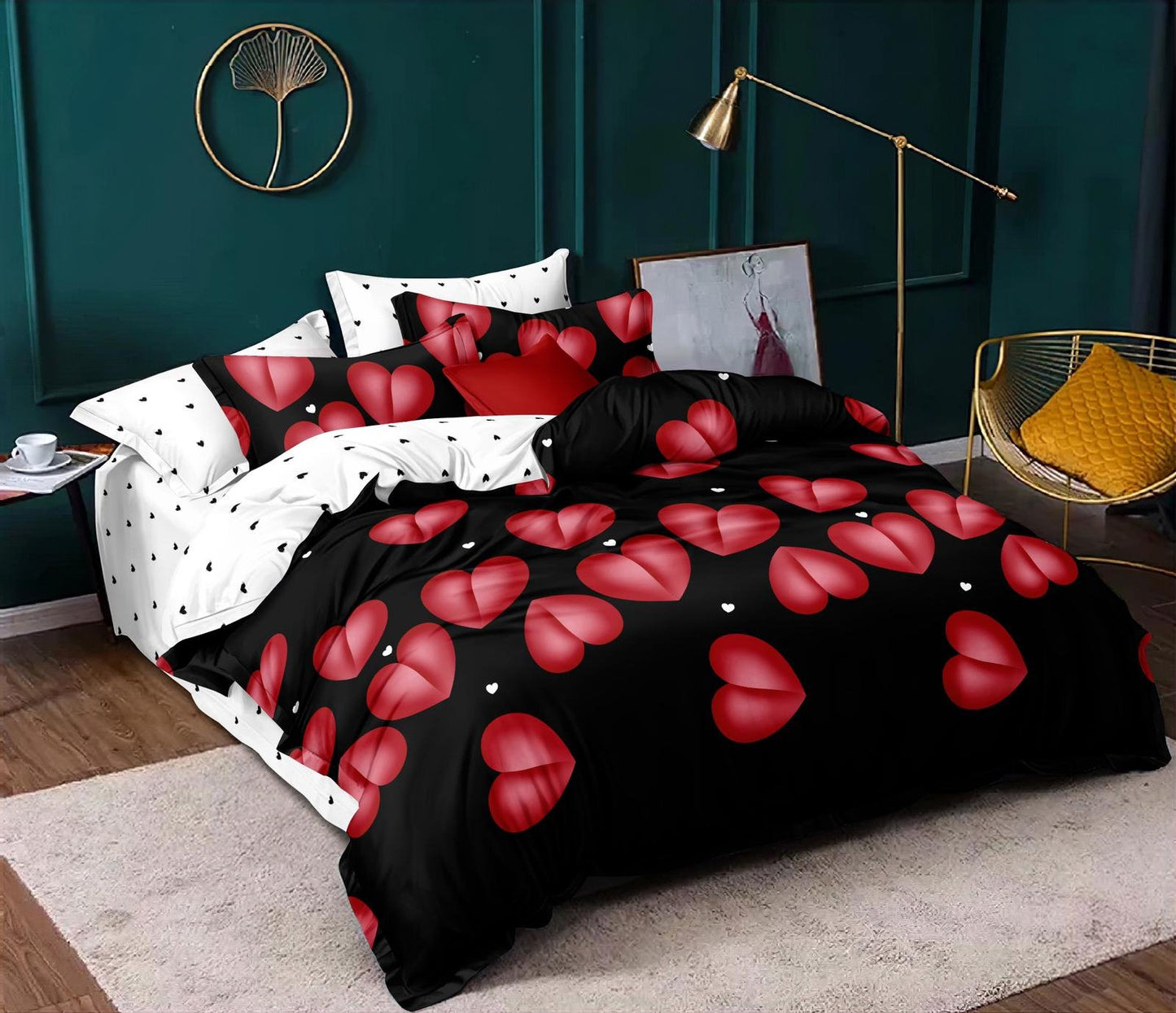 Lenjerie Finet 4 Piese 1 Persoana, Negru/Inimioare-H7223