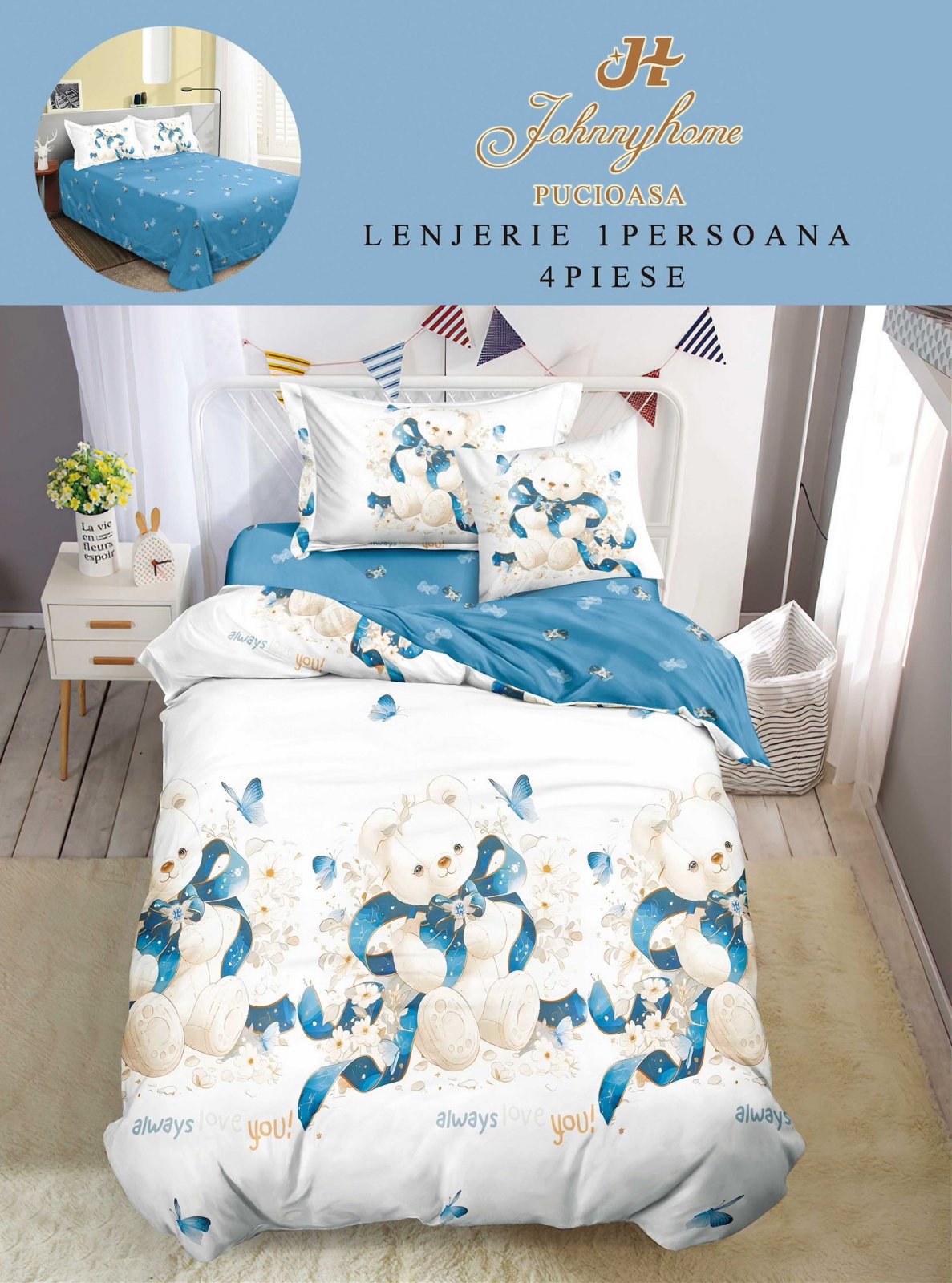 Lenjerie Finet 4 Piese 1 Persoana, Ursuleti-H7705