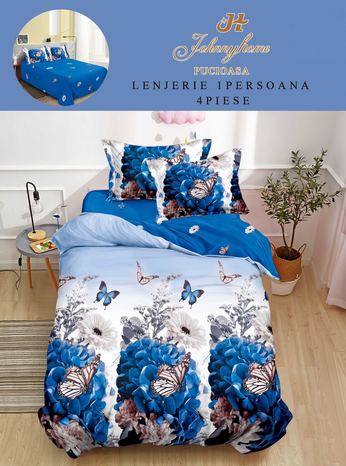 Lenjerie Finet 4 Piese 1 Persoana, Flori/Fluturi-H7702