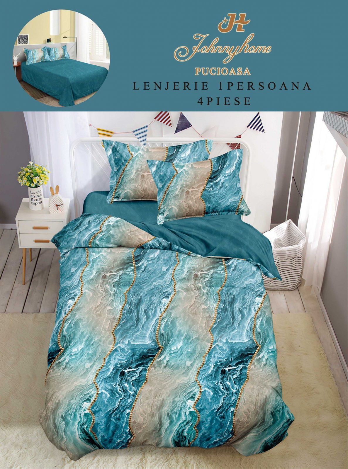 Lenjerie Finet 4 Piese 1 Persoana, Turcoaz-H7703