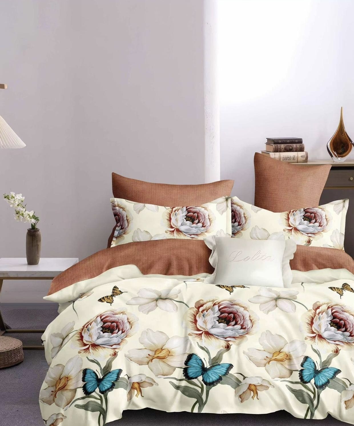 Lenjerie Pat Dublu din Finet, 6 Piese, cu Flori-D3185