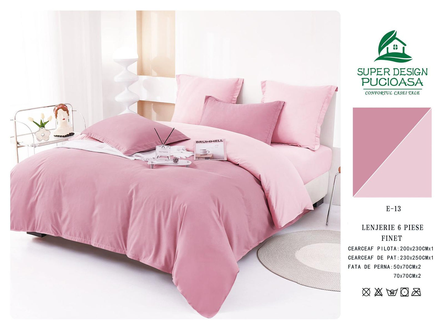 Lenjerie Pat Dublu din Finet 6 Piese, Uni, Bicolor, Roz Inchis/Roz Deschis-V6452