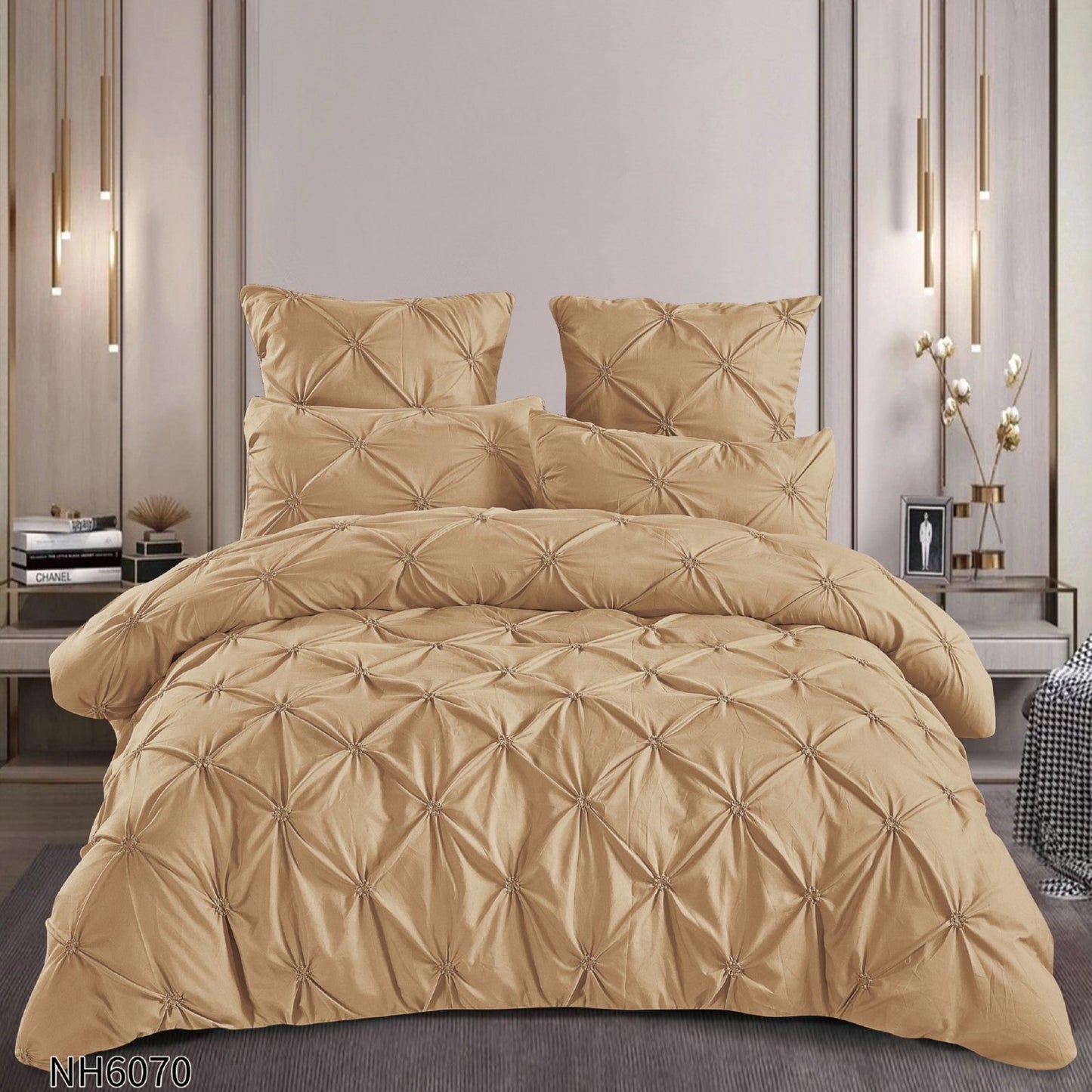 Lenjerie Finet Premium Soft Touch, 6 Piese, cu Elastic si Pliuri Brodate, Bej Inchis-P8045