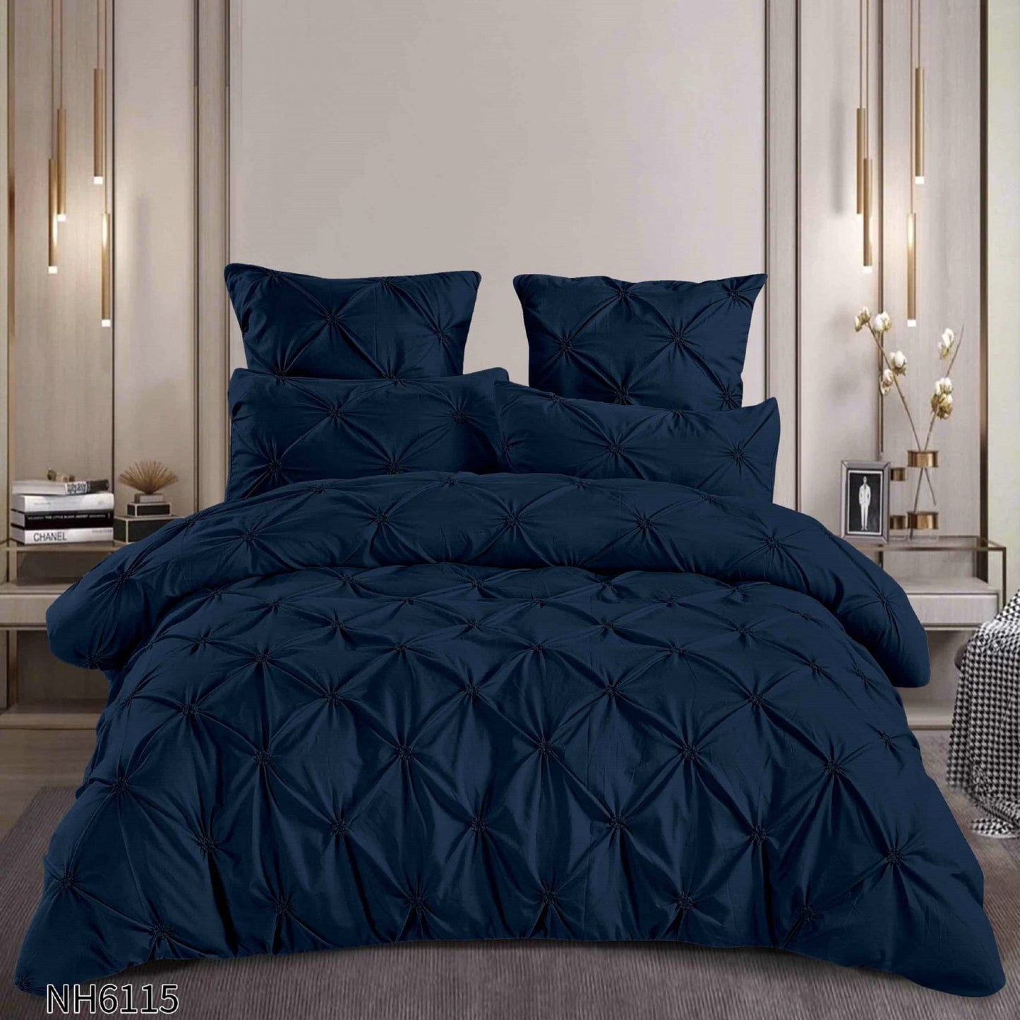 Lenjerie Finet Premium Soft Touch, 6 Piese, cu Elastic si Pliuri Brodate, Bleumarin-P8049