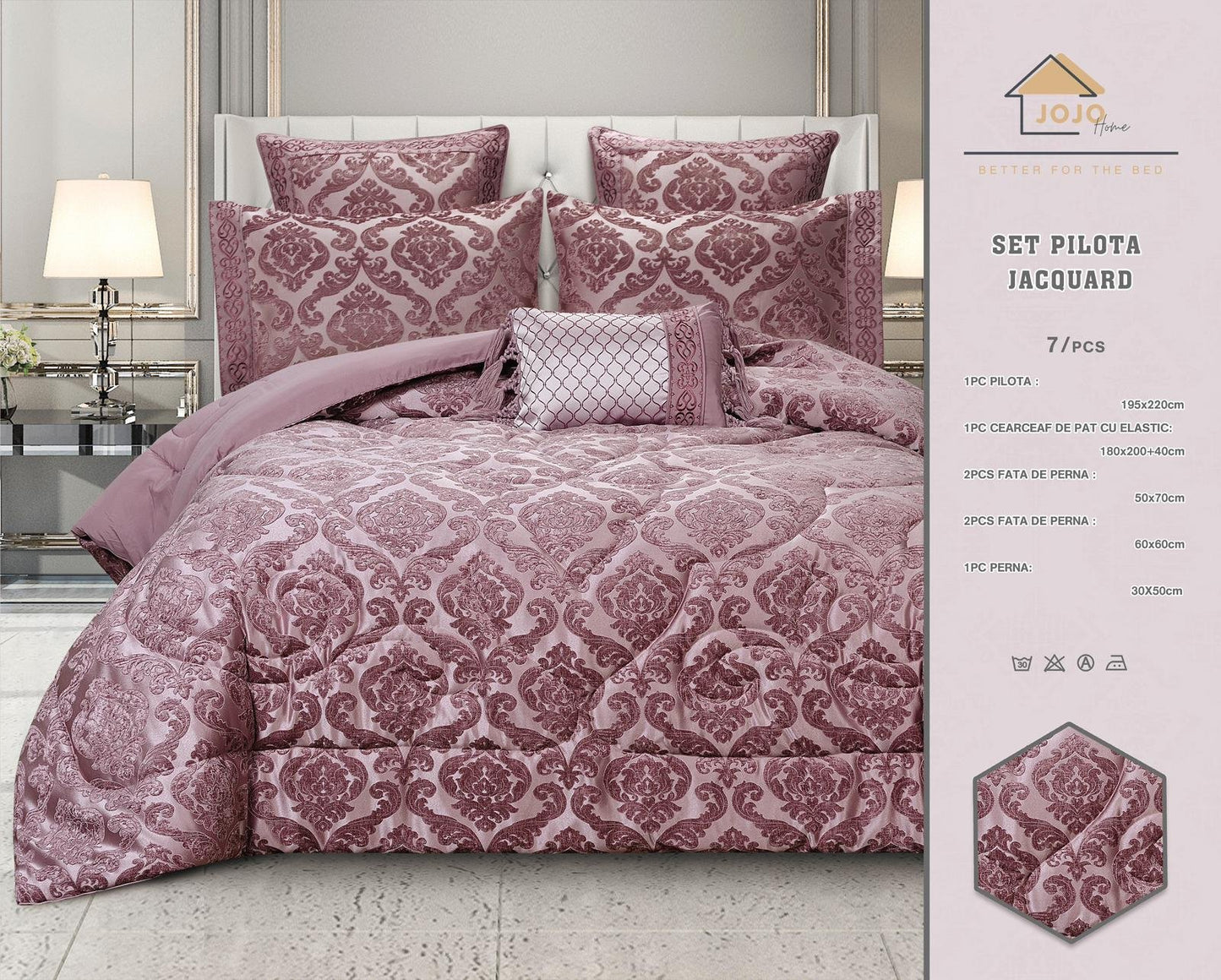 Lenjerie Jacquard Luxury cu Pilota Inclusa, Cearceaf pat cu Elastic, 7 piese, Roz Inchis