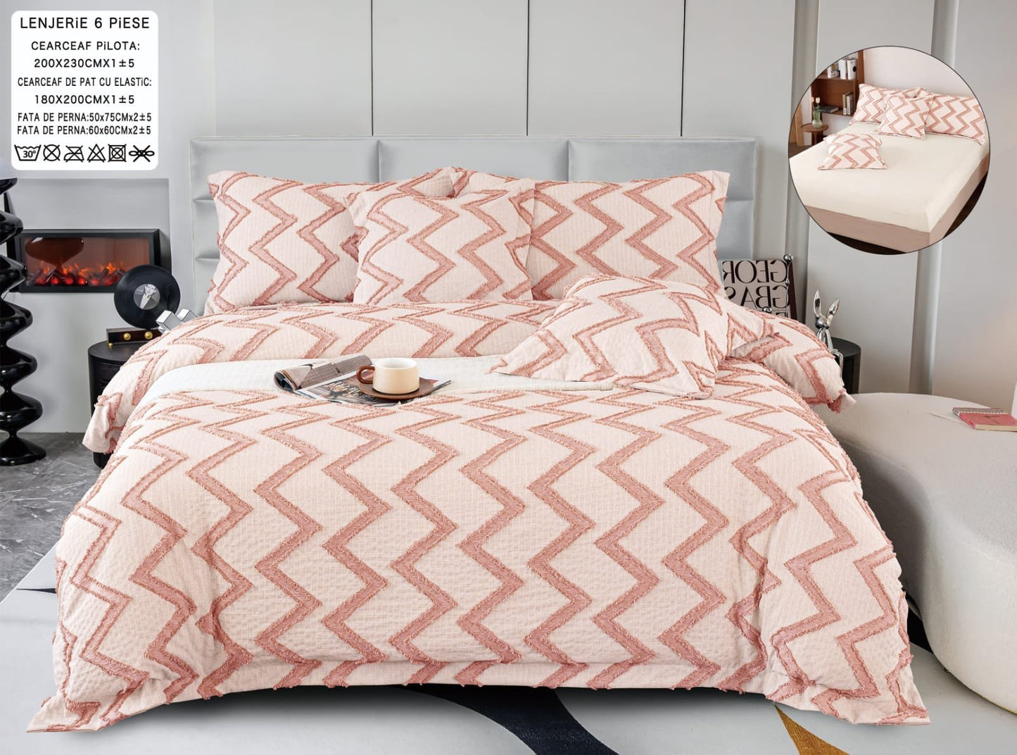 Lenjerie Pat Dublu cu Elastic din Bumbac Fin Grofat, cu 6 Piese, Roz-A6553
