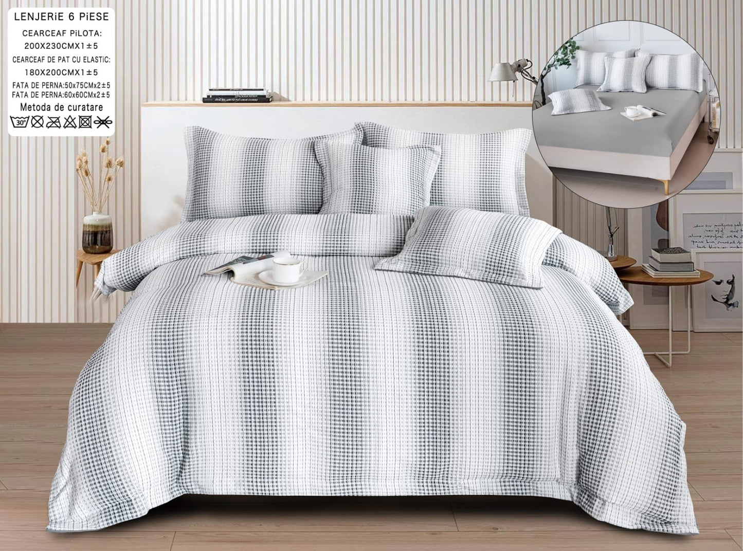 Lenjerie Pat Dublu cu Elastic din Bumbac Fin Grofat, cu 6 Piese, Alb/Gri-A6555