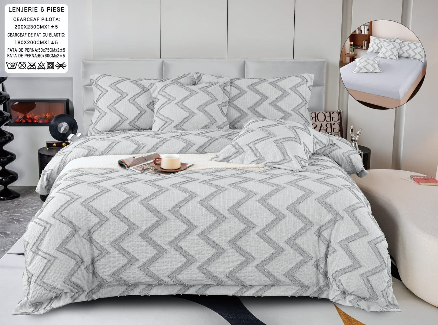 Lenjerie Pat Dublu cu Elastic din Bumbac Fin Grofat, cu 6 Piese, Gri-A6554