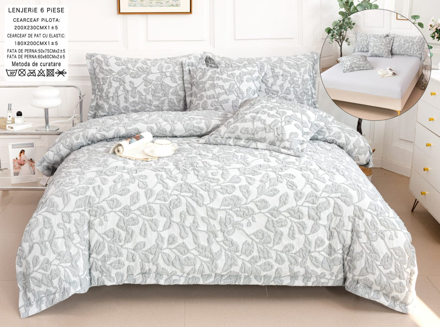 Lenjerie Pat Dublu cu Elastic din Bumbac Fin Grofat, cu 6 Piese, Gri/Alb-A6558