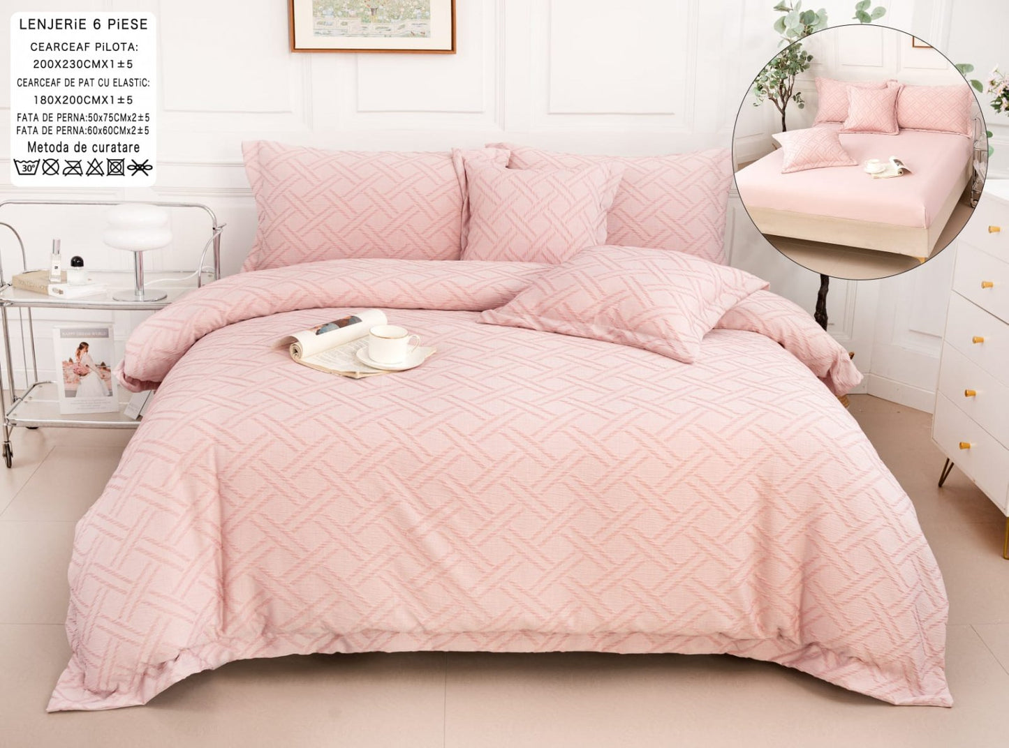 Lenjerie Pat Dublu cu Elastic din Bumbac Fin Grofat, cu 6 Piese, Roz-A6560