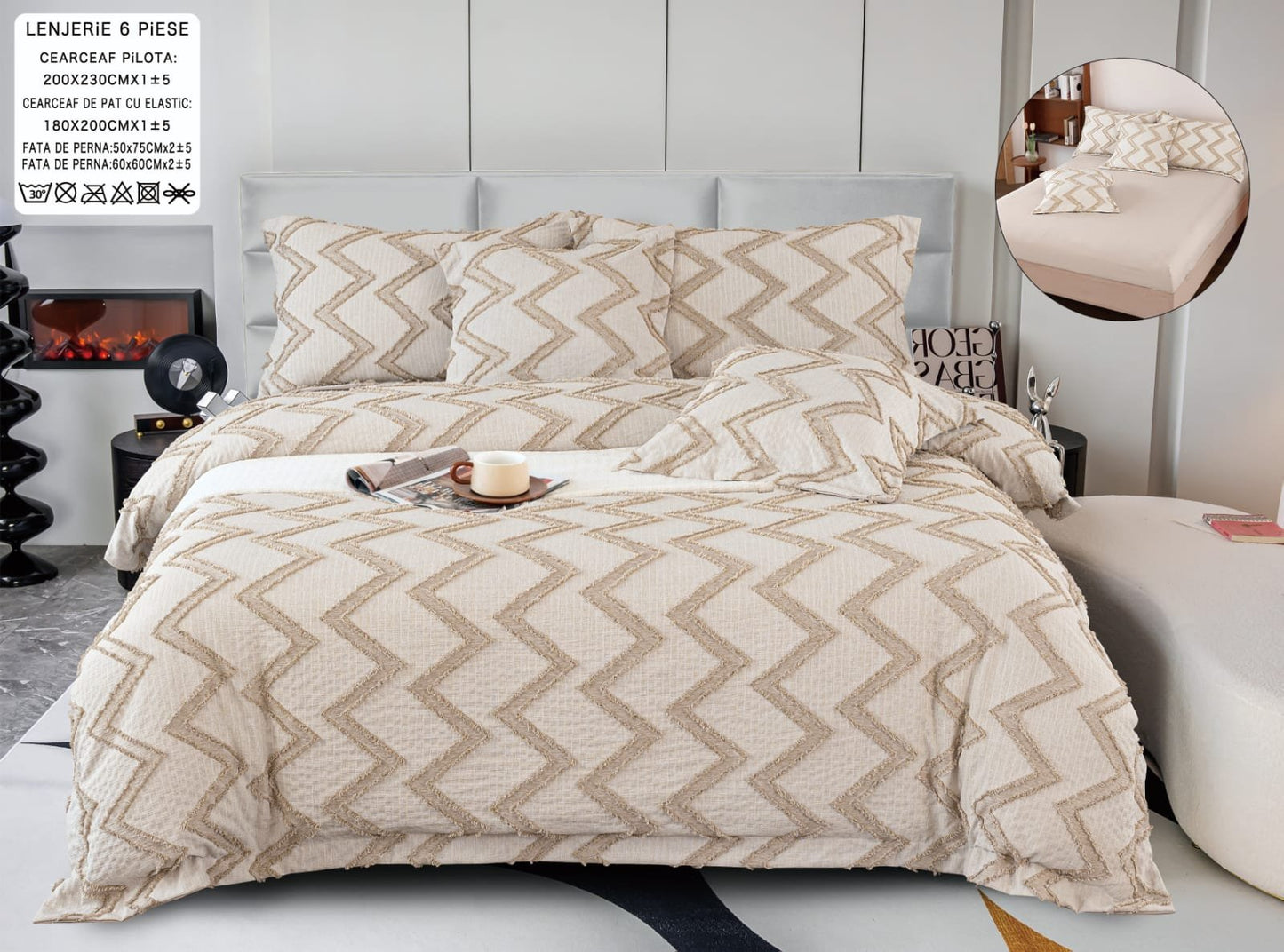 Lenjerie Pat Dublu cu Elastic din Bumbac Fin Grofat, cu 6 Piese, Maro-A6559