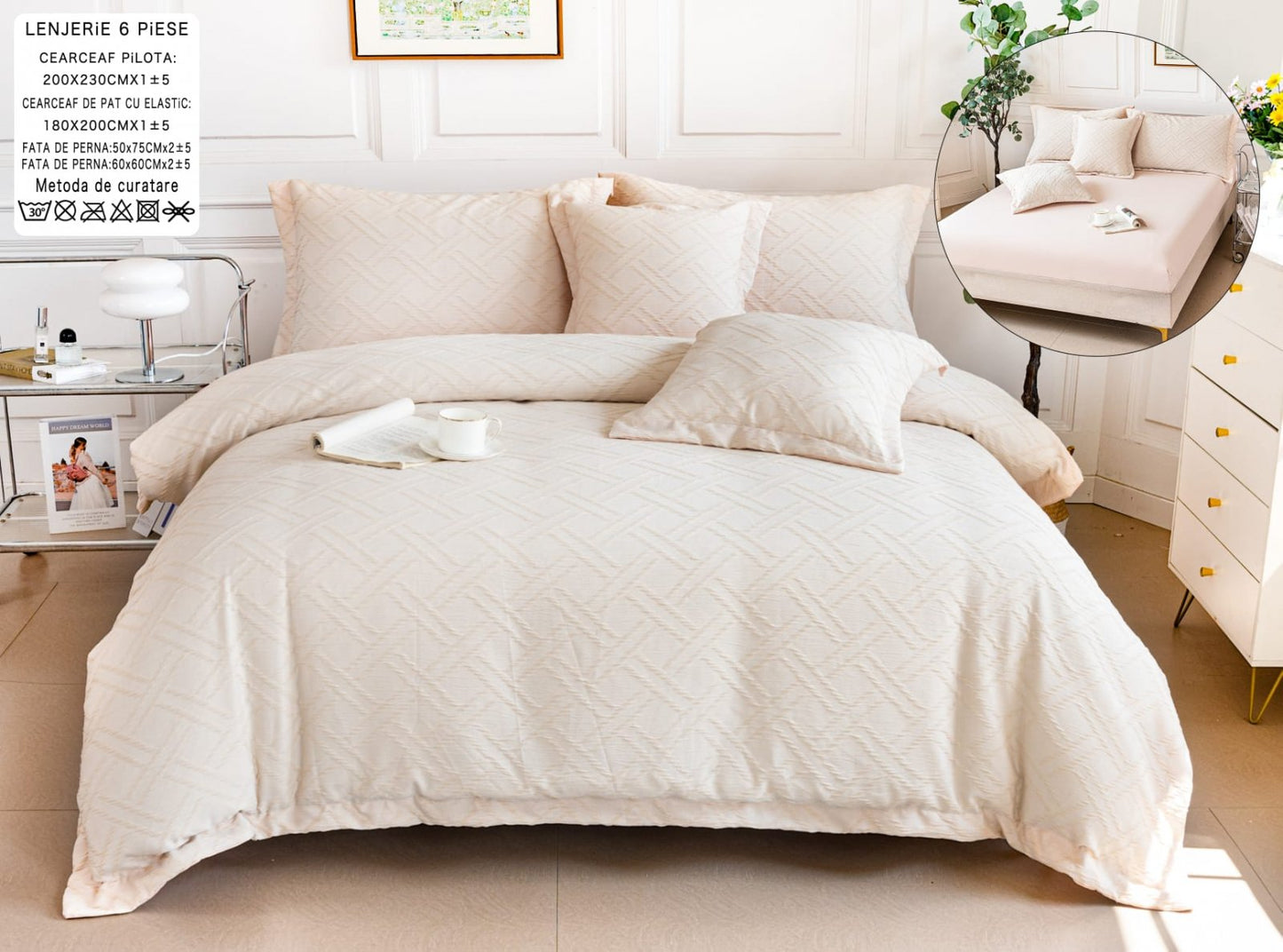 Lenjerie Pat Dublu cu Elastic din Bumbac Fin Grofat, cu 6 Piese, Crem-A6556