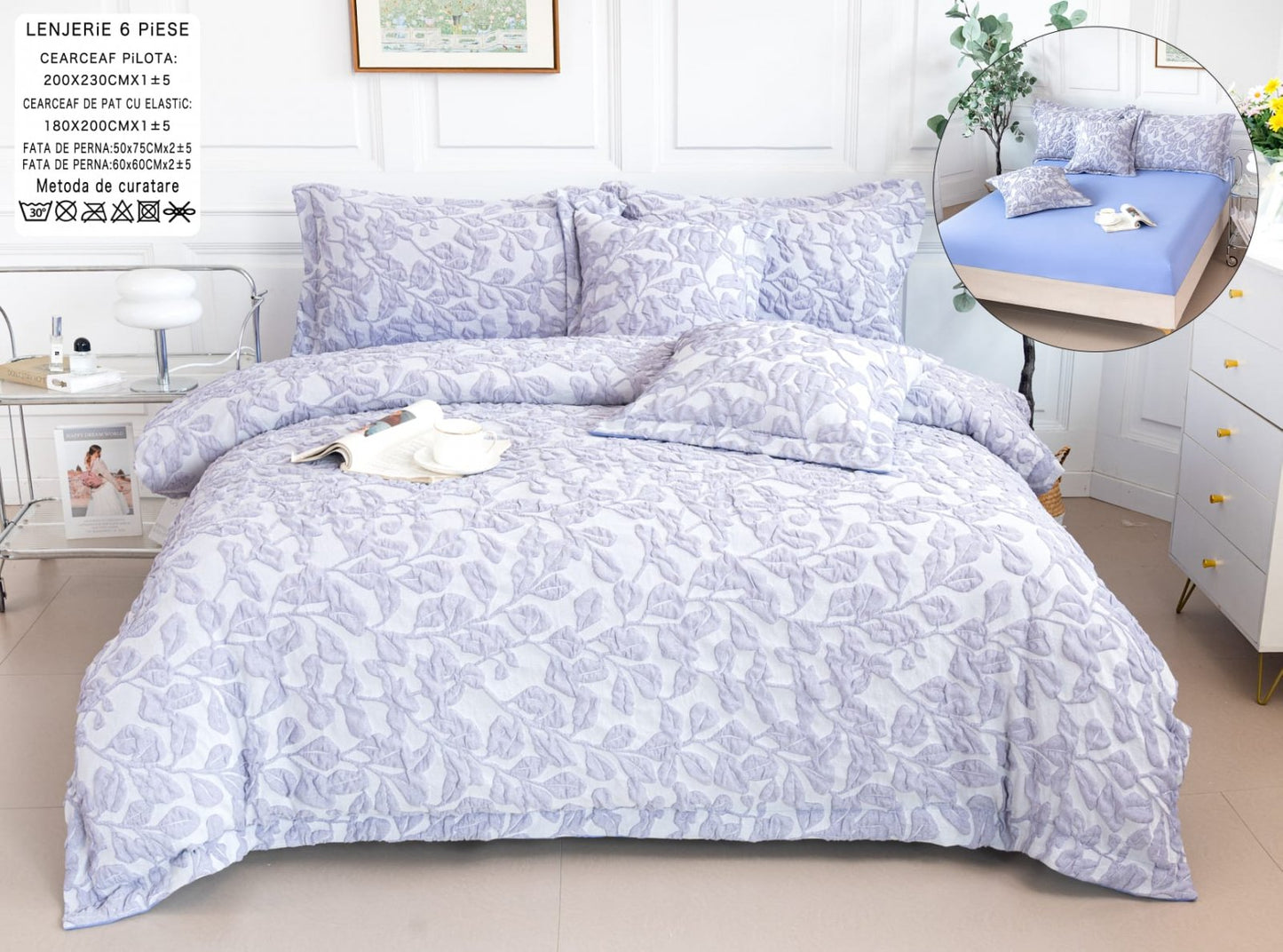 Lenjerie Pat Dublu cu Elastic din Bumbac Fin Grofat, cu 6 Piese, Lila-A6566