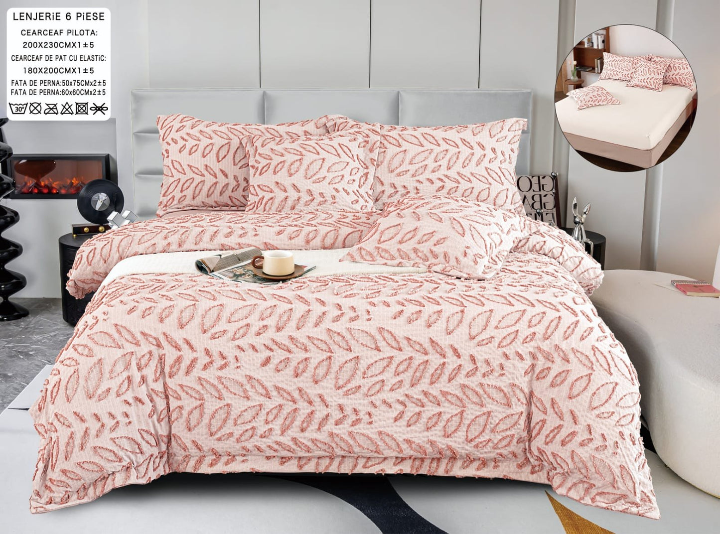 Lenjerie Pat Dublu cu Elastic din Bumbac Fin Grofat, cu 6 Piese, Roz-A6568