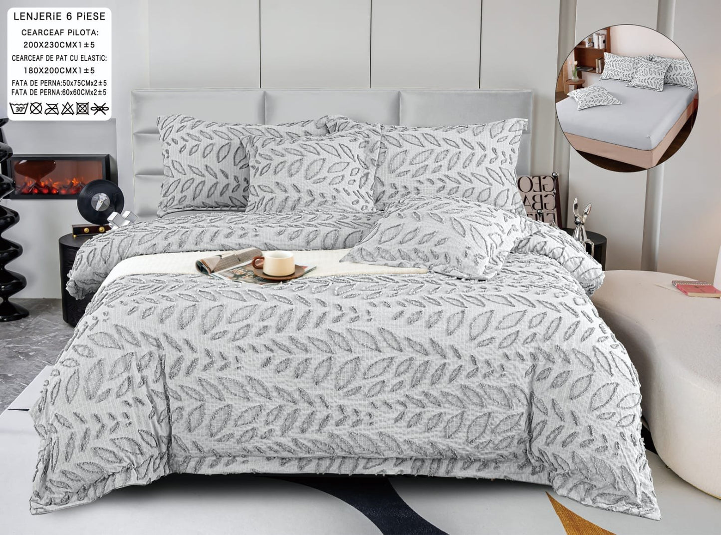 Lenjerie Pat Dublu cu Elastic din Bumbac Fin Grofat, cu 6 Piese, Gri-A6570