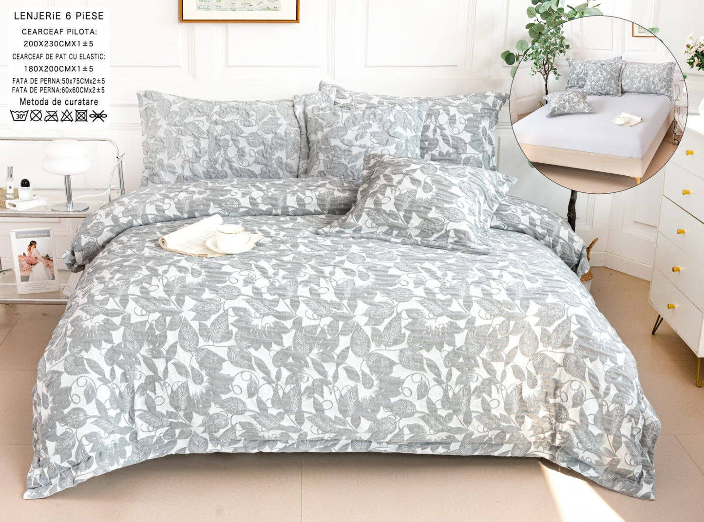 Lenjerie Pat Dublu cu Elastic din Bumbac Fin Grofat, cu 6 Piese, Gri/Alb-A6565