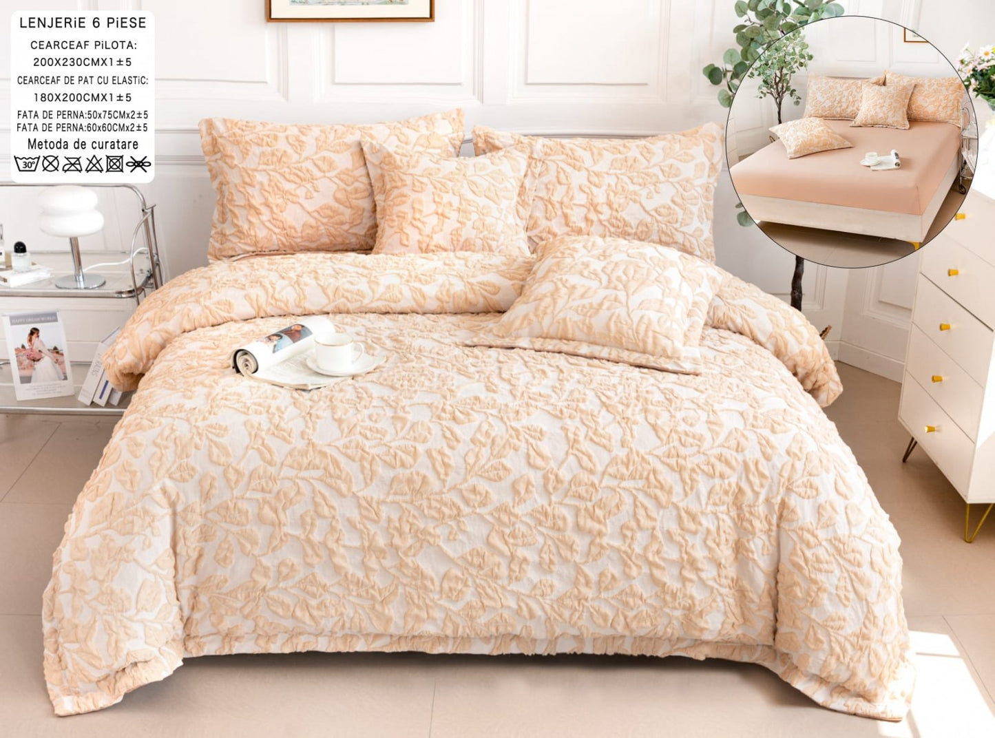 Lenjerie Pat Dublu cu Elastic din Bumbac Fin Grofat, cu 6 Piese, Orange-A6552