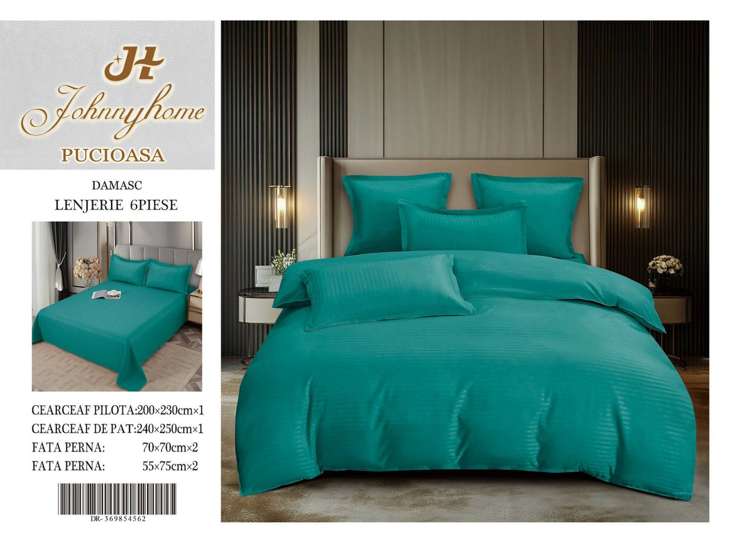 Lenjerie Pat Dublu din Bumbac Damasc, 6 Piese, Turcoaz-H8298