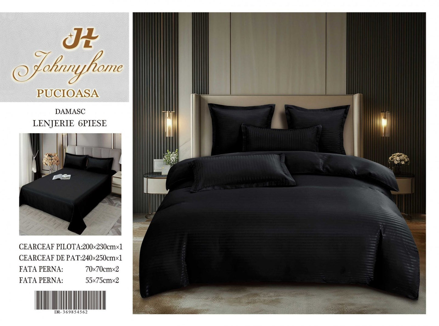 Lenjerie Pat Dublu din Bumbac Damasc, 6 Piese, Negru-H8296