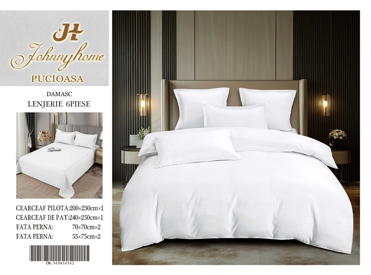 Lenjerie Pat Dublu din Bumbac Damasc, 6 Piese, Alb-H8301