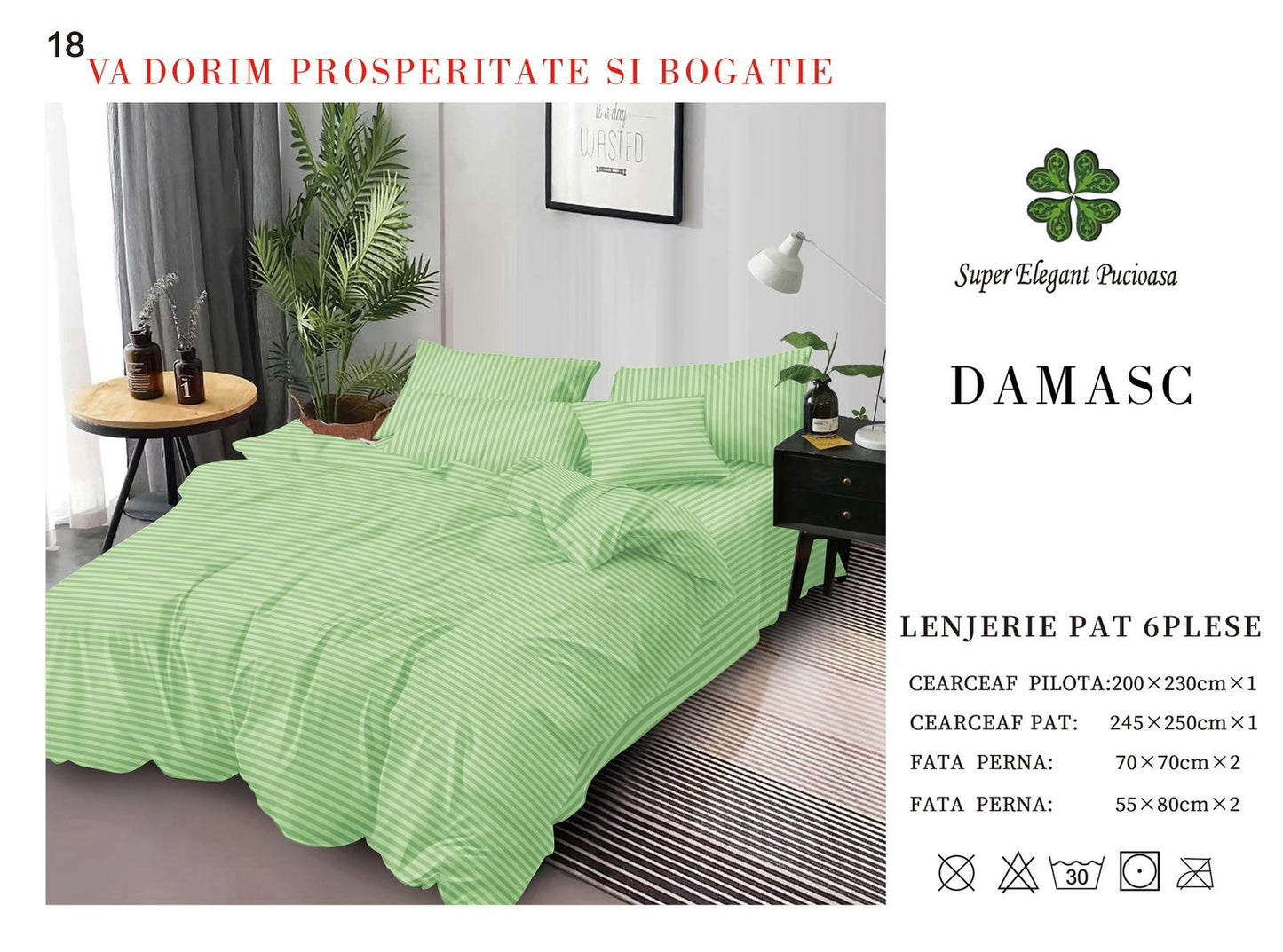Lenjerie Pat Dublu din Bumbac Damasc, cu 6 Piese, Verde Deschis-SEP7028