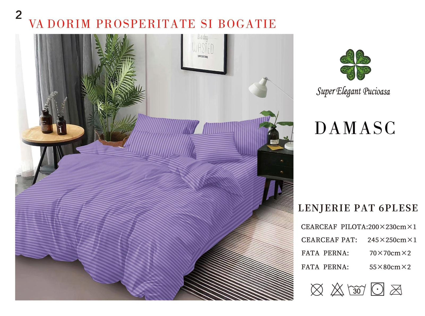 Lenjerie Pat Dublu din Bumbac Damasc, cu 6 Piese, Mov-SEP7024