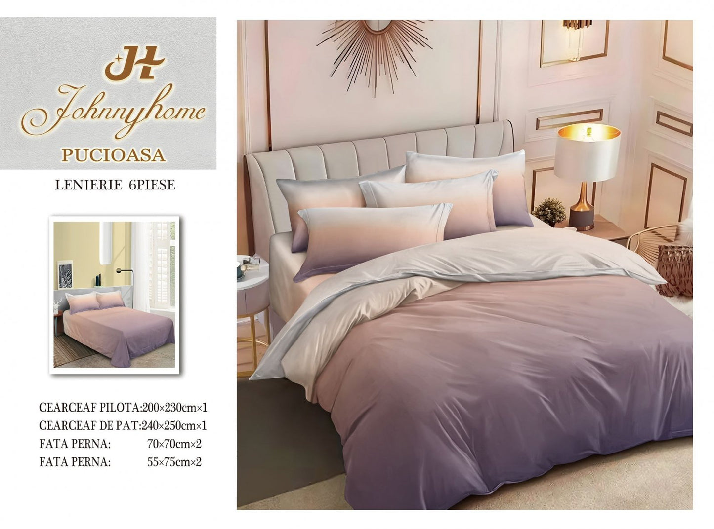 Lenjerie Pat Dublu din Finet, 6 Piese, Mov/Bej Degrade-H7559
