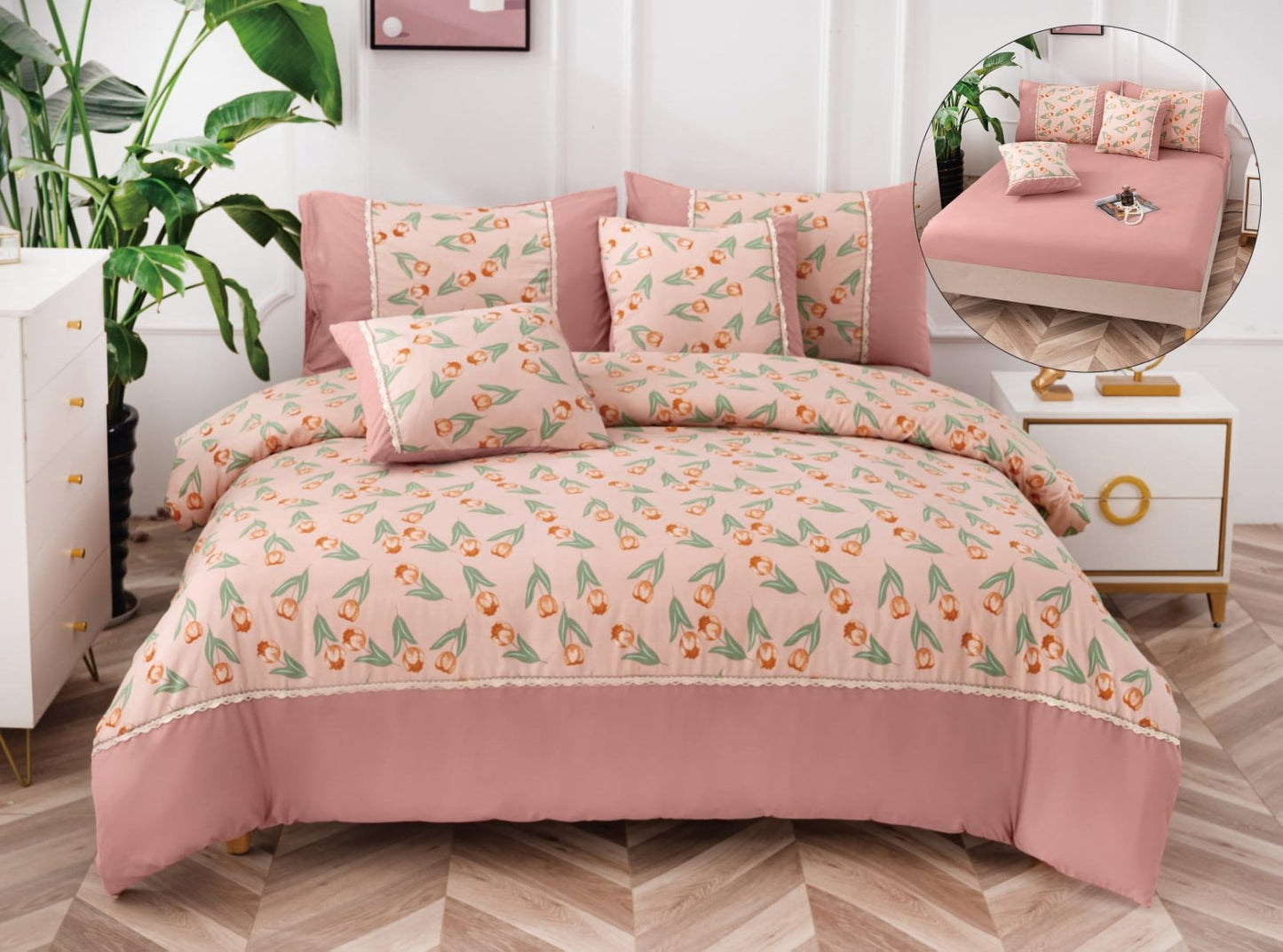 Lenjerie Pat Dublu Bumbac Fin, 6 Piese, cu Elastic, Roz/Lalele-A6496