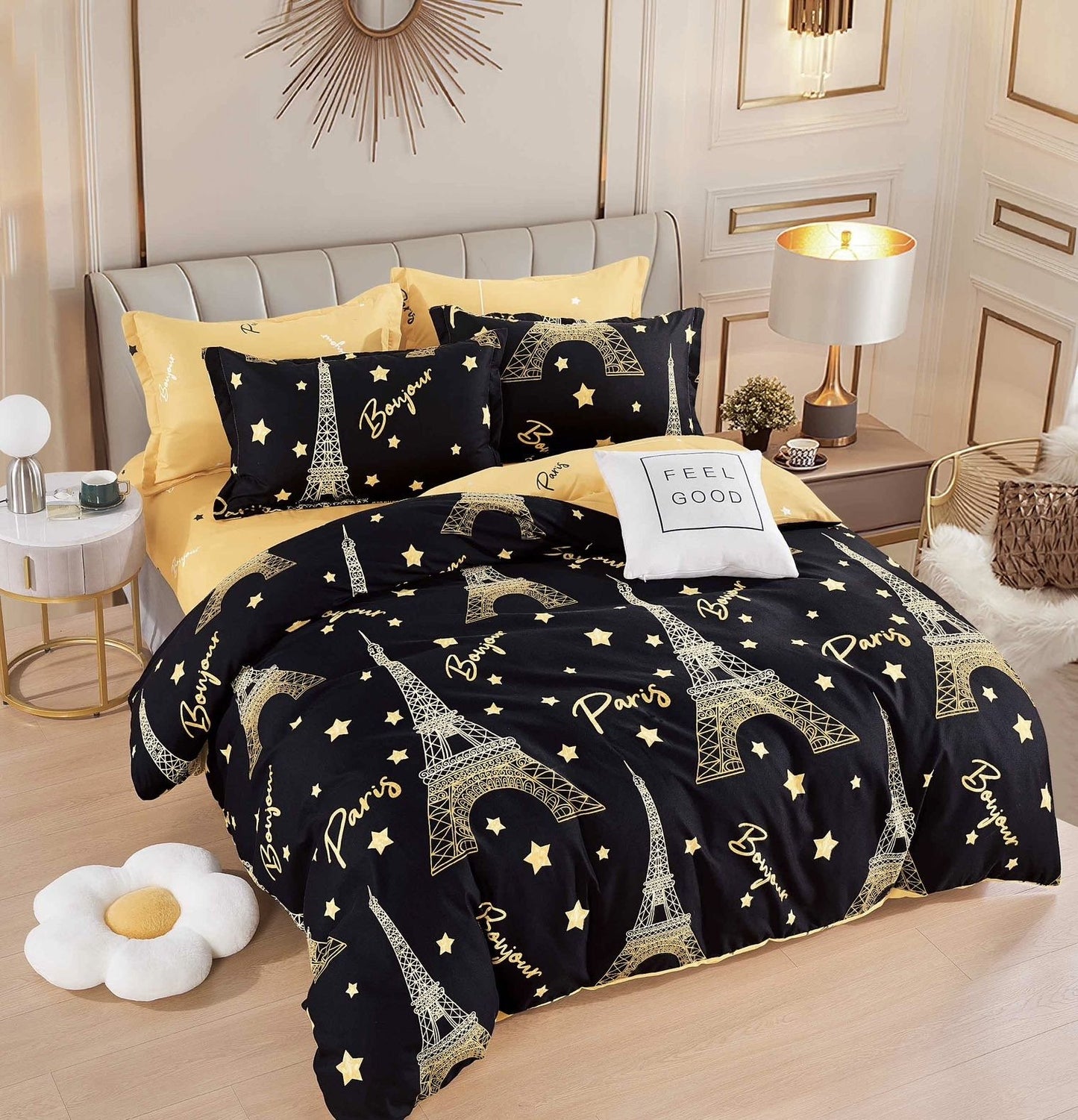 Lenjerie Pat Dublu din Finet, 6 Piese, cu Elastic, Negru/Turn Eiffel-C6751