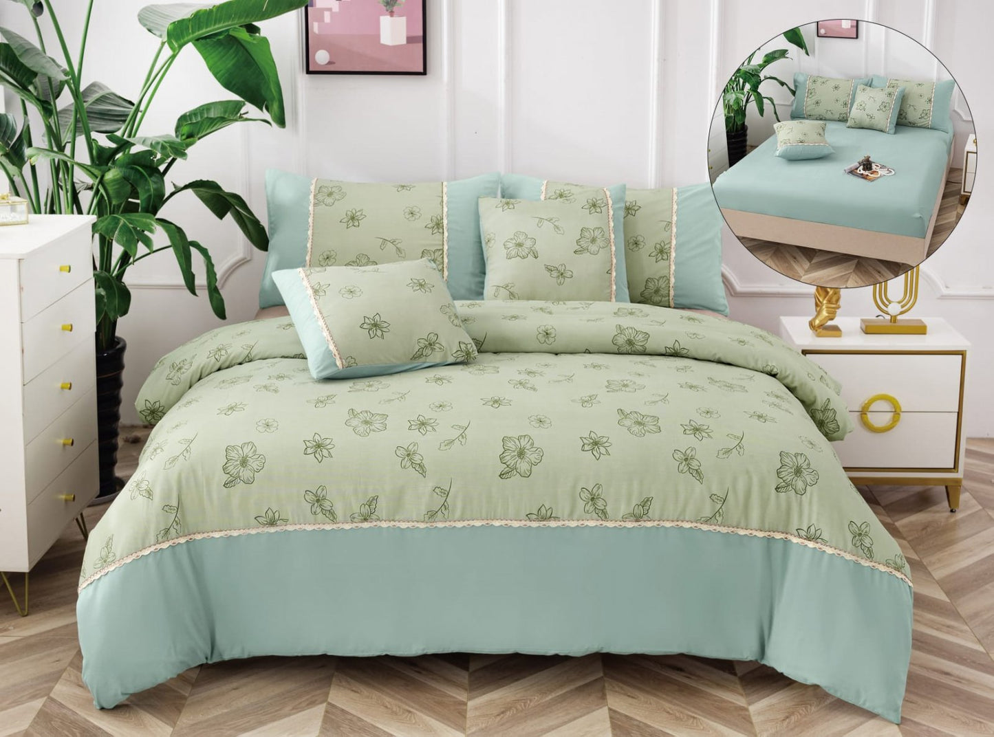 Lenjerie Pat Dublu Bumbac Fin, 6 Piese, cu Elastic, Verde/Floricele-A6500