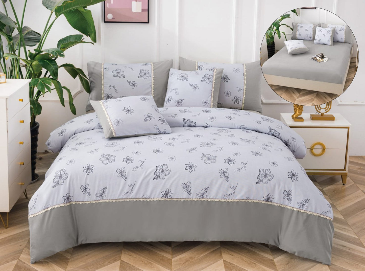 Lenjerie Pat Dublu Bumbac Fin, 6 Piese, cu Elastic, Gri/Floricele-A6498