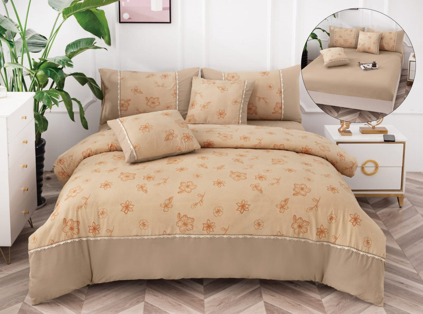 Lenjerie Pat Dublu Bumbac Fin, 6 Piese, cu Elastic, Bej/Floricele-A6499